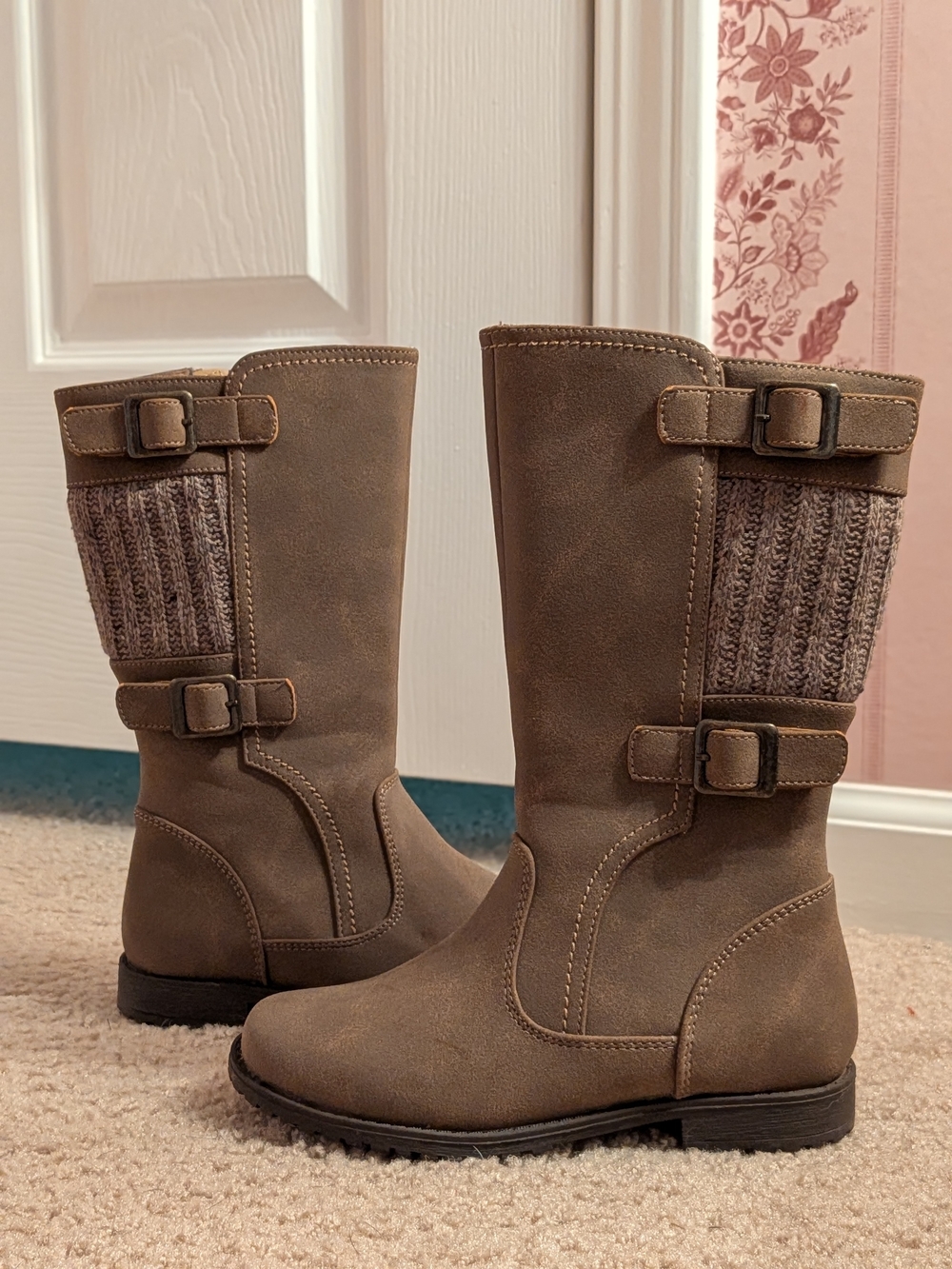 Kids Taupe Mid-Calf Quilted Panel Boots
